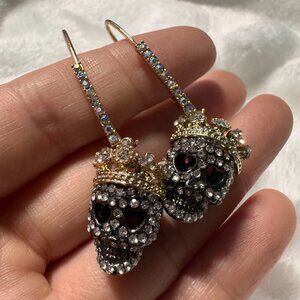 Gothic Crystal Crowned Skull Dangle Earrings with Rhinestone Accent